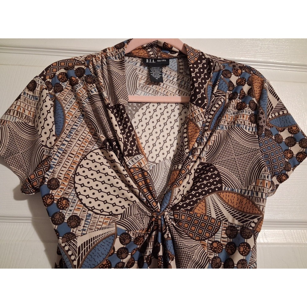 Y2K Geometric Print Knot Front Top M Brown Blue Collared Boho Stretch Blouse - Picture 6 of 9